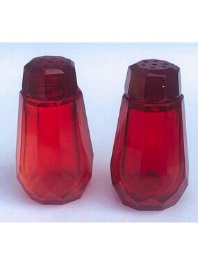 Vintage Czech Ruby Red Faceted Glass Salt Pepper Shakers Art Deco